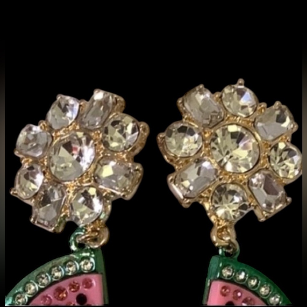 BETSEY JOHNSON Crystal-Accented Watermelon Slice Garden Glam Dangle Earrings NWT - Picture 3 of 10